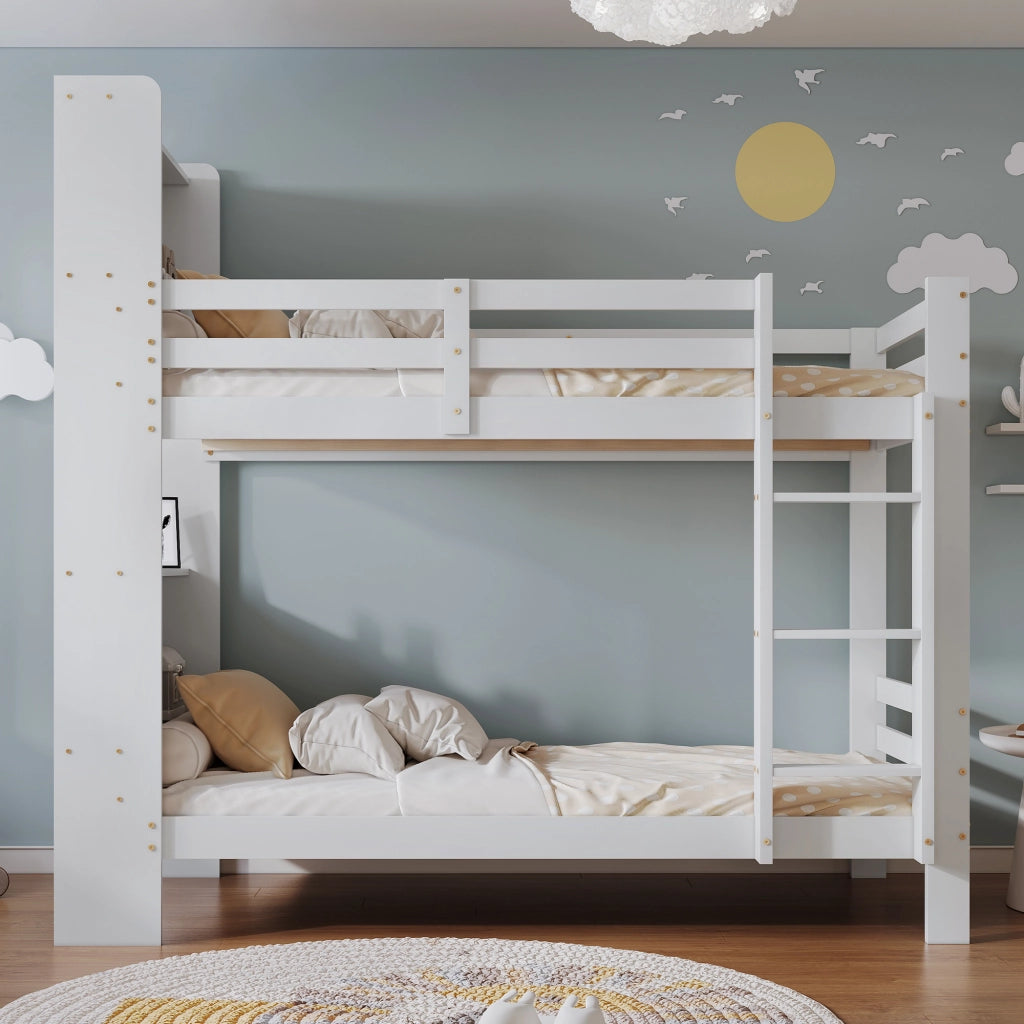 Letto a castello con ripiani e scala dritta a 3 gradini; bianco; 90x200 cm