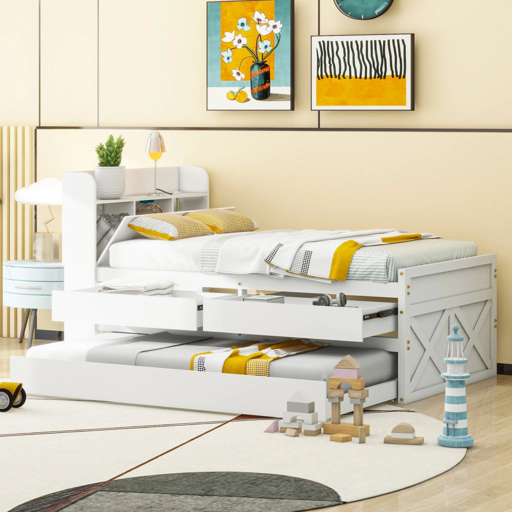 Letto singolo in legno massiccio 90x190 con letto estraibile, 2 cassetti e USB