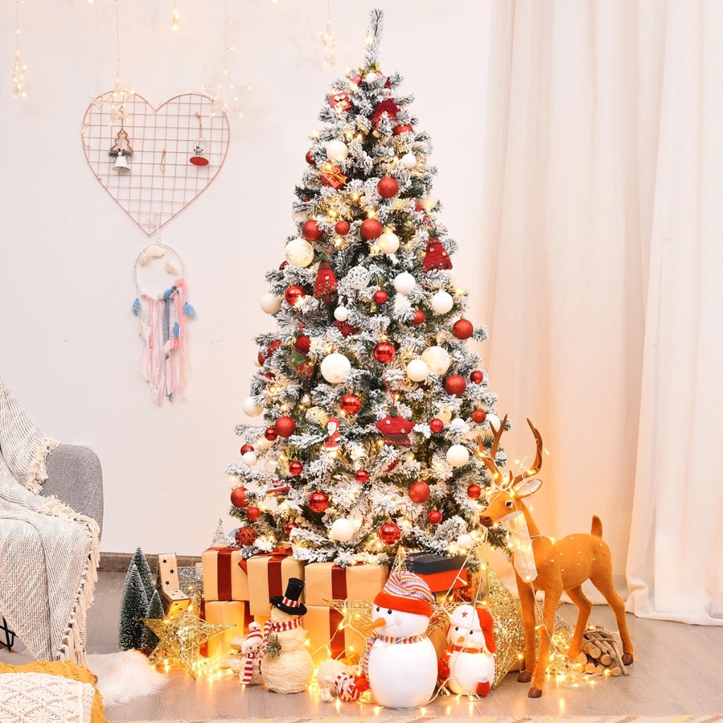 Albero di Natale 180 cm in PVC 600 rami, Abete artificiale innevato illuminato con solida base di metallo, Bianco-Alberi di Natale