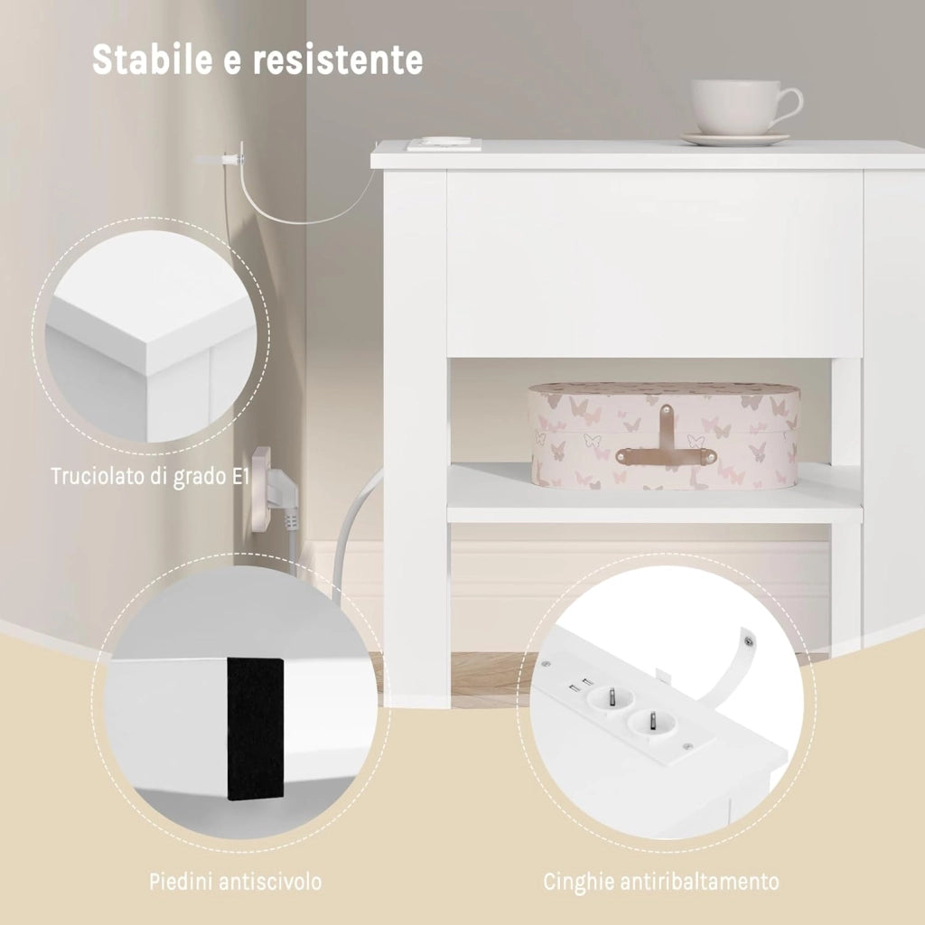 Comodino con Prese Integrate e Porte Usb, Comodino con Cassetto e Ripiani, Tavolino per Piccole Stanze, Camera da Letto, Soggiorno, Bianco, 30x45x65cm, NTS20ws