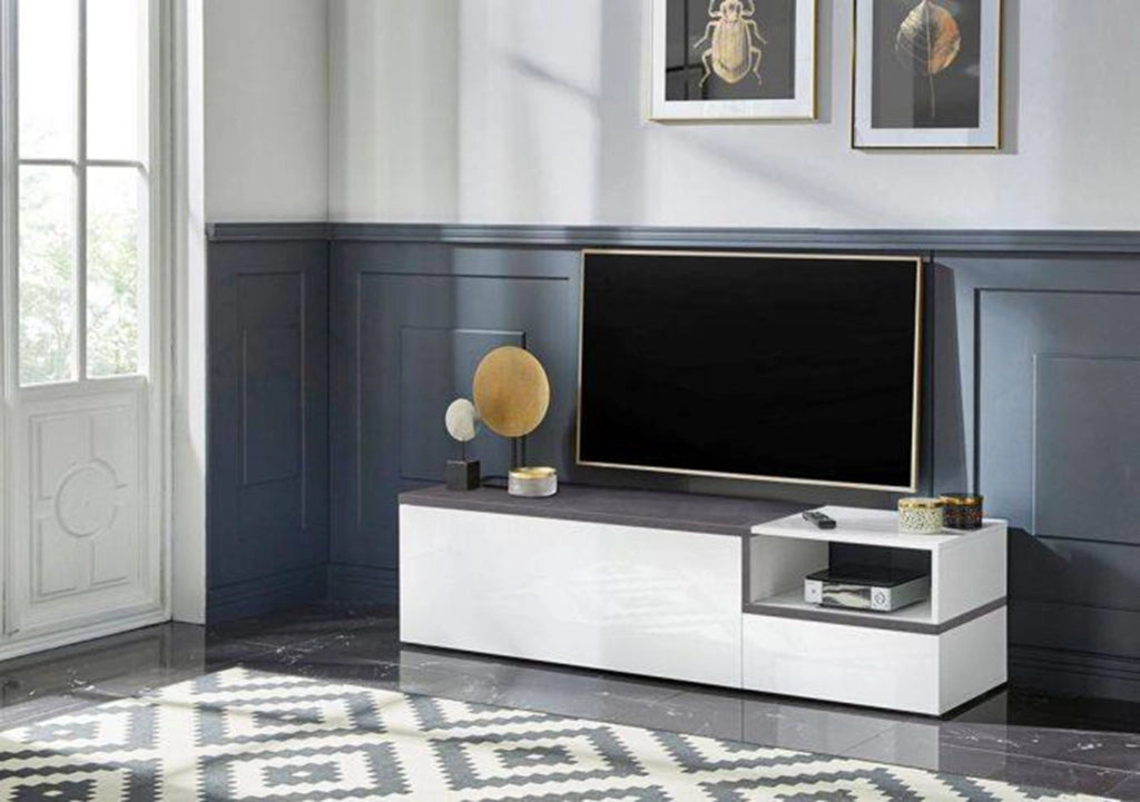 Mobile da soggiorno Porta Fluorite, Made in Italy, Credenza per Fluorite a 2 ante, Porta Fluorite da salotto, cm 160x40h46, Bianco lucido e Ardesia