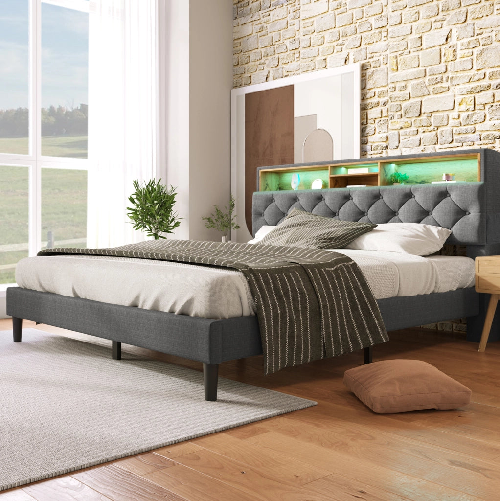 Letto matrimoniale imbottito con testiera contenitore e LED; 140x200 cm; grigio
