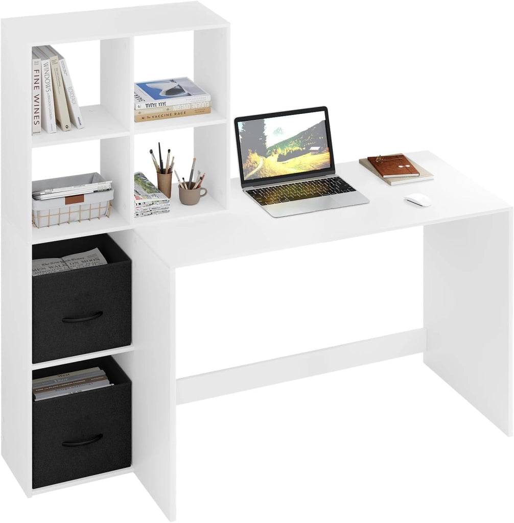 Scrivania Ufficio Compatta con Libreria Integrata, Bianco Lucido, Design Salvaspazio per Studio/Camera, 140x50x134 cm