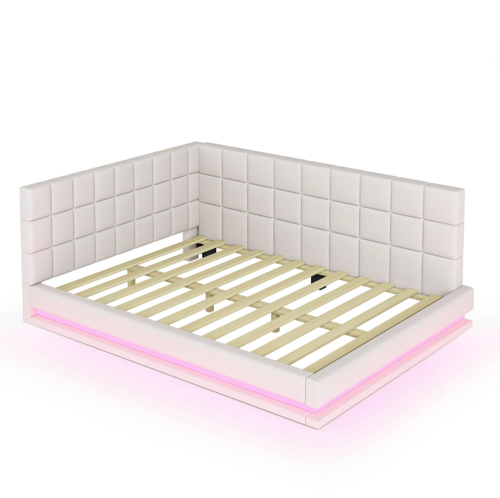 Divano letto 160x200 cm con LED e USB in lino beige