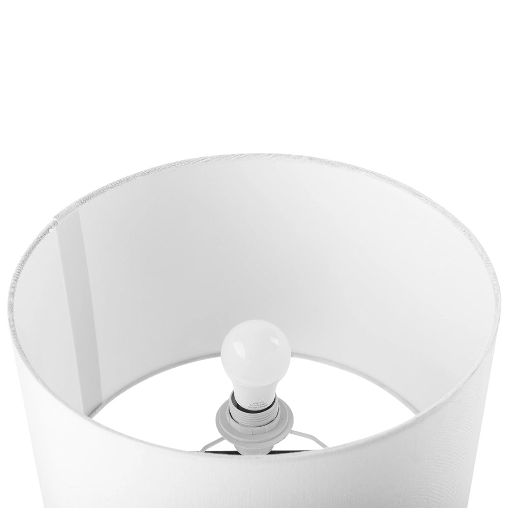 Lampada da tavolo da comodino in tessuto bianco tondo con paralume tondo e base in cemento grigio