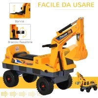 Ruspa Giocattolo 2 in 1 con Escavatore e Mordente, Vano Nascosto, Gioco Cavalcabile Bambini 2-3 Anni, 90x28x58cm, Giallo