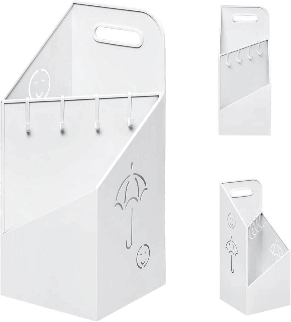 Portaombrelli con 4 Ganci e 2 Aree Separate, in Metallo Antiruggine, con Design a Conca e Sorriso, per Corridoio, Ingresso, Bianco