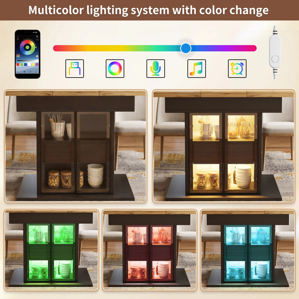 Tavolo da pranzo allungabile con 2 cassetti ripiani regolabili ante in vetro e LED RGB per cucina e sala da pranzo nero