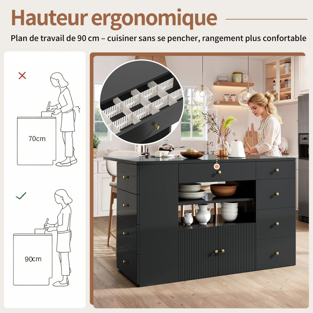 OKWISH Isola da Cucina con 6 Cassetti, 2 Ripiani Aperti, 1 Armadietto e Sgabello Contenitore con Ruote, 140 x 40 x 89 cm