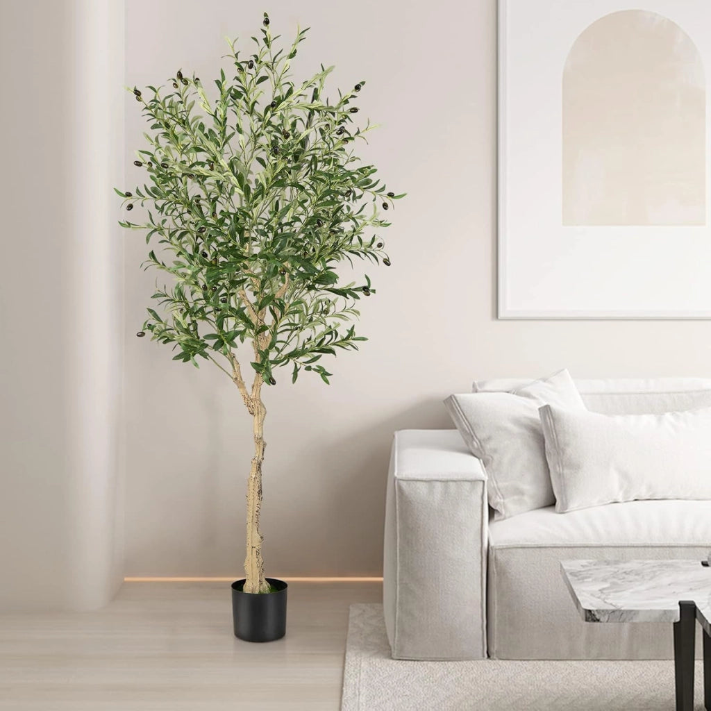 Pianta Finta da Interno da 182 cm, Olivo Artificiale da 2 Pezzi con Vaso di Cemento, 1296 Foglie e 72 Frutti, Pianta Finta per Soggiorno, Ufficio e Negozio (1)