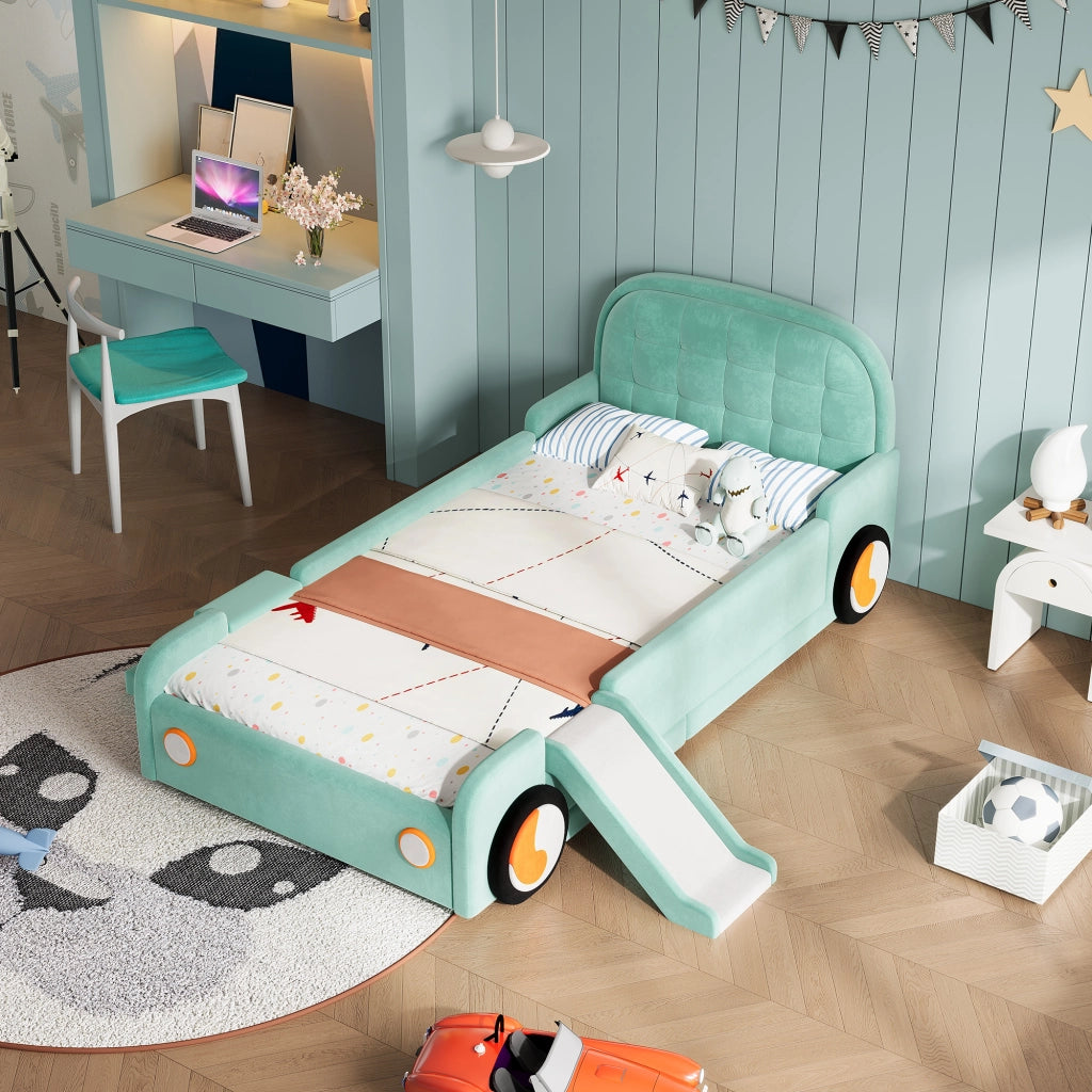 LETTO Auto con scivolo e scala 90x200 cm Velluto Blu-verde