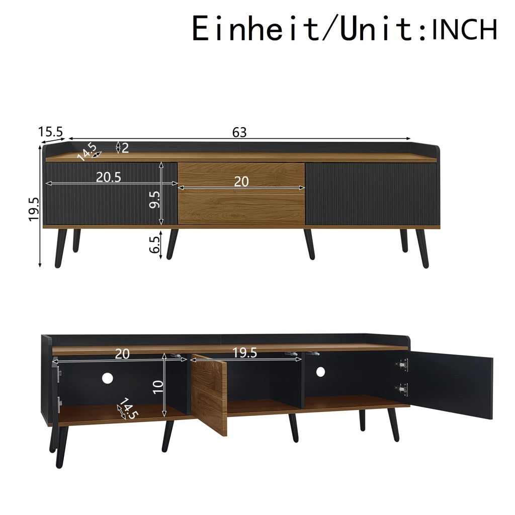 Mobile TV con 3 Ante; Bordo Rialzato e Dispositivo Antiribaltamento; per Soggiorno; in MDF; 160 × 39 × 49.5 cm; Nero e Naturale