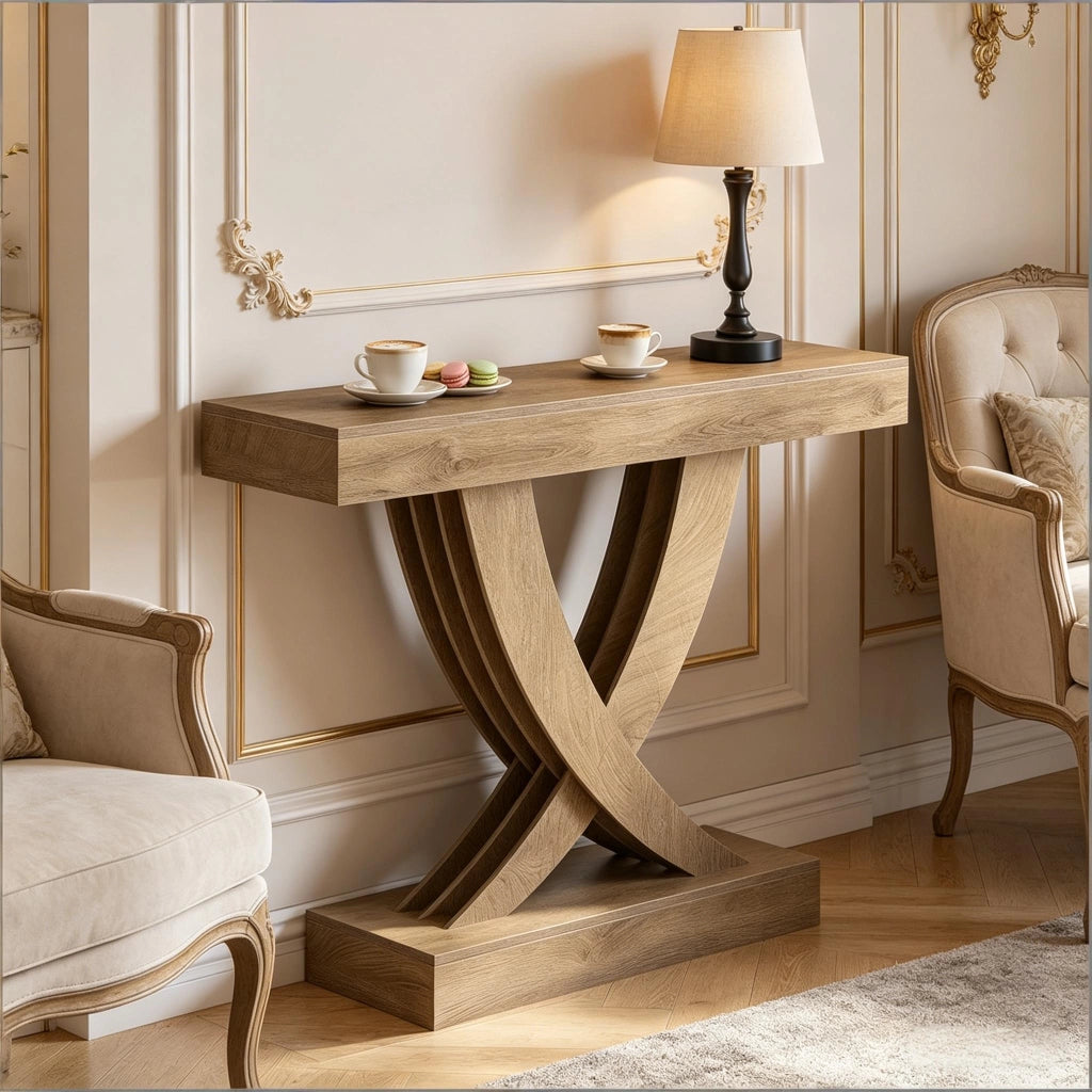 Consolle in MDF con struttura a X e piano robusto, stile rustico, per ingresso, soggiorno e corridoio, marrone, 110 cm