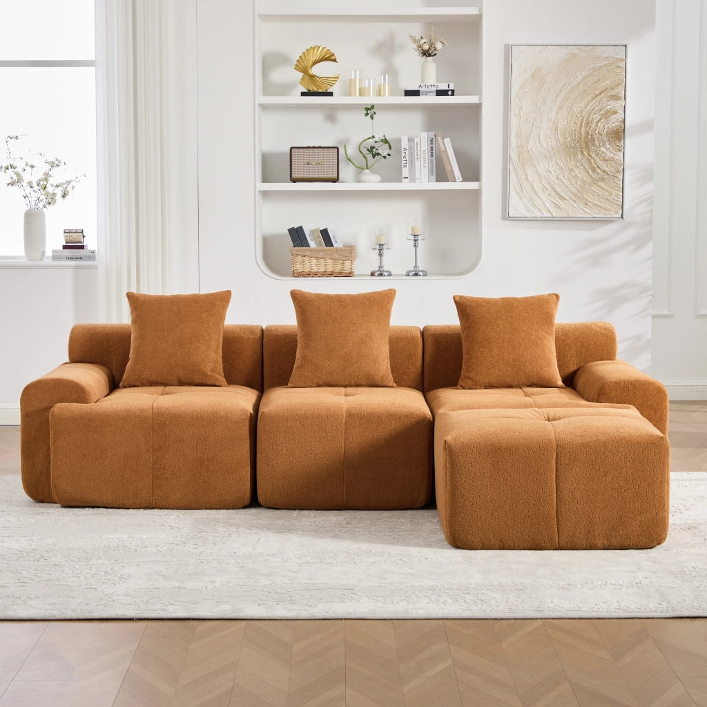 Divano angolare modulare in tessuto con schiuma memory, seduta confortevole, senza montaggio, arancione 268 × 102 × 78 cm