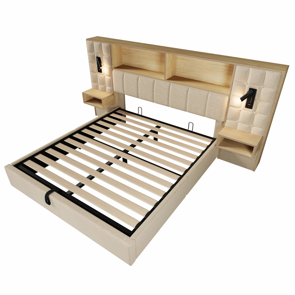 Letto Contenitore 160 x 200 cm; USB; Type-C; 2 Lampade da Lettura e 2 Comodini - Beige
