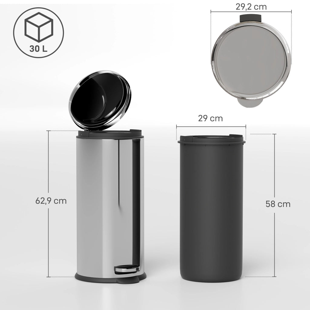 Cestino Pedale ¨C zephmum ¨C Acciaio Inox 30L 29.2x62.9 cm Argento