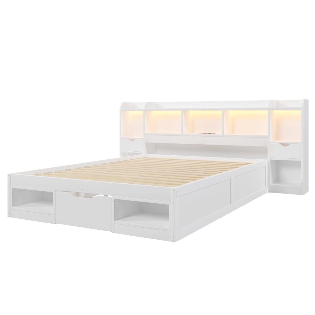 Struttura letto 140x200 con contenitore; LED a sette colori e USB; bianca