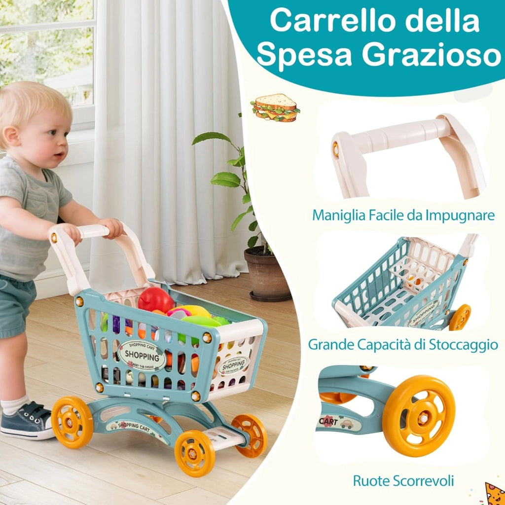 Cassa Gioco Supermercato per Bambini, Supermercato Giocattolo con Carrello della Spesa, Registratore di Cassa, Scanner, Luci e Suoni, Gioco di Ruolo con 29 Accessori (Blu)