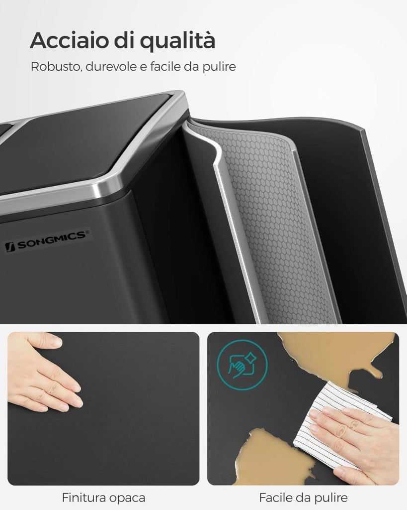 SONGMICS Cestino da Cucina, Pattumiera per Raccolta Differenziata 3 x 18L, 3 Scomparti per Riciclaggio, Coperchi a Chiusura Morbida, Pedali, Acciaio, Nero Inchiostro LTB54BK