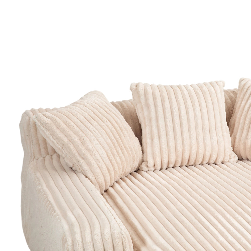 Poltrona chaise longue beige in velluto a coste con 3 cuscini; 125 x 155 x 63 cm