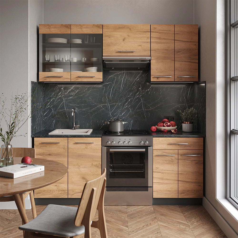 Cucina componibile Fame-Line Rovere dorato/Antracite 200 cm, PL Marmo Vicco