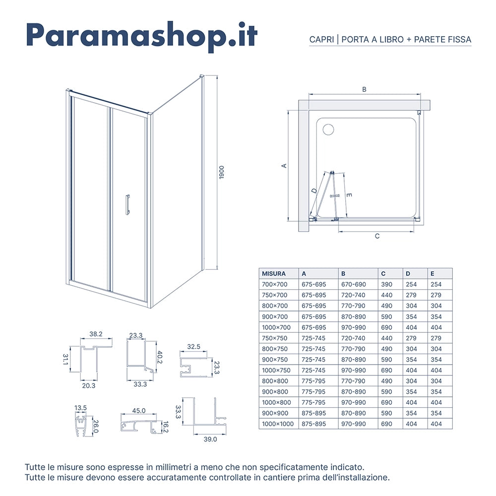 Box doccia 90x90 cm angolare profili neri apertura a libro vetro 6mm trasparente | Capri
