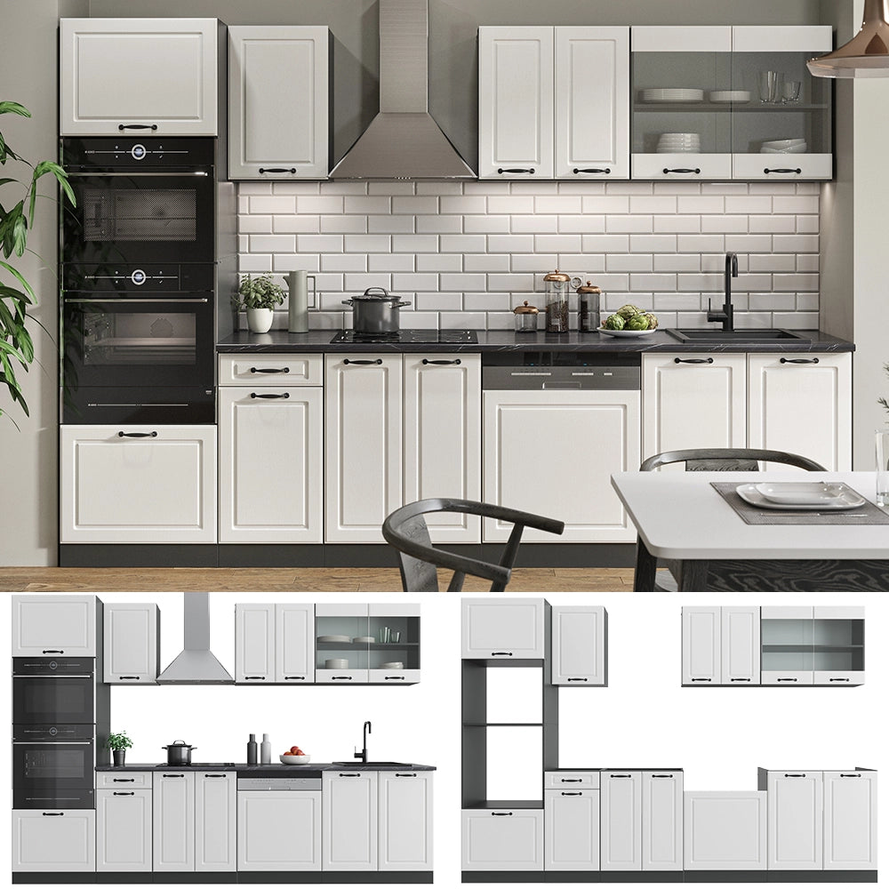 Vicco Cucina componibile Bianco casa di campagna/antracite 300 cm con armadio alto, PL Marmo