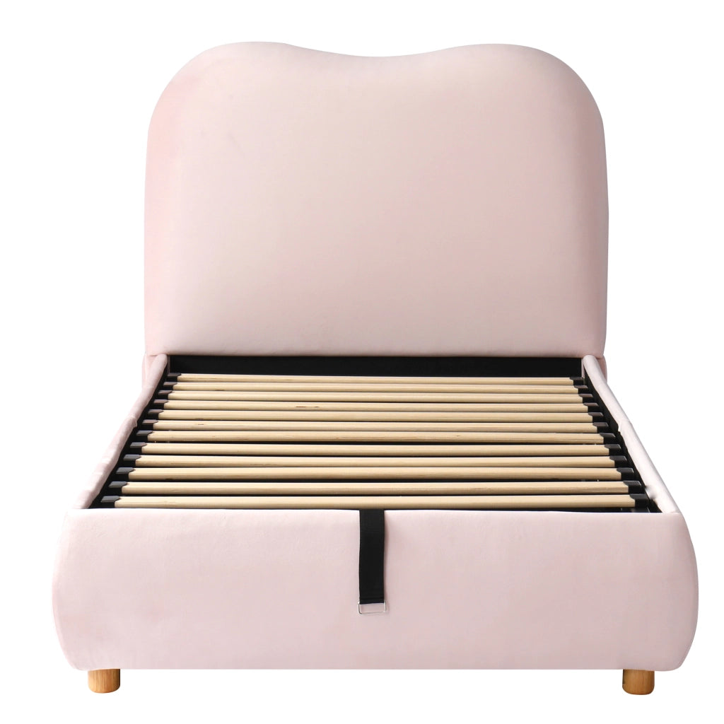 Letto imbottito singolo per bambini 90x200 cm in velluto rosa con contenitore idraulico e rete a doghe
