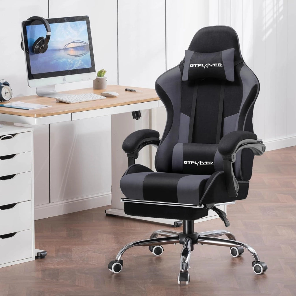 Sedia da gaming, in tessuto, da ufficio, da gioco, ergonomica, con poggiapiedi, per massaggi, cuscino lombare, imbottito, sedia da gioco, sedia girevole, grigio