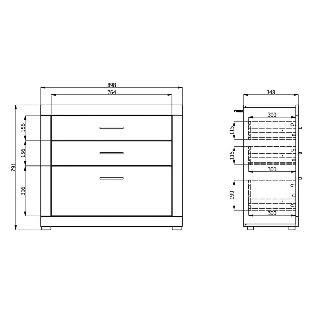 Hampi, Cassettiera 3 Cassetti, 90x35x79h cm Bianco