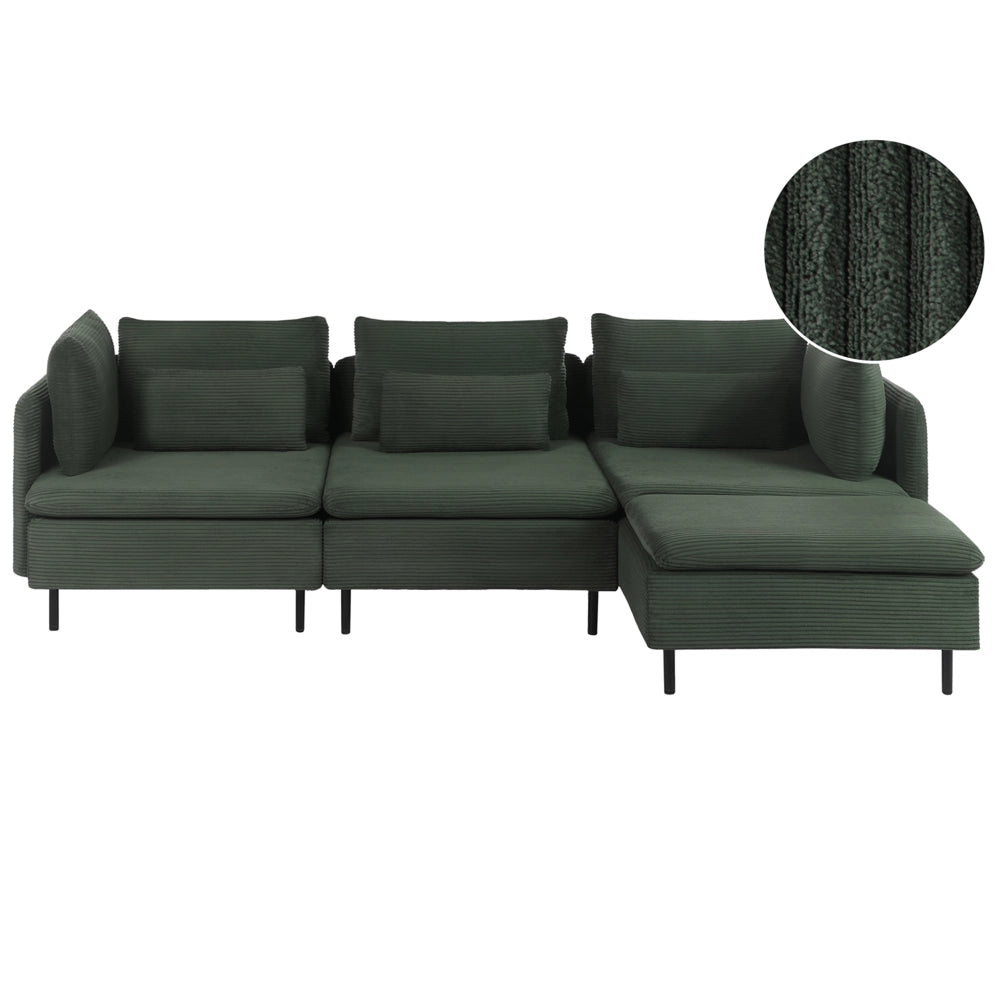 Divano componibile a 3 posti con angolo a sinistra in velluto a coste verde design moderno