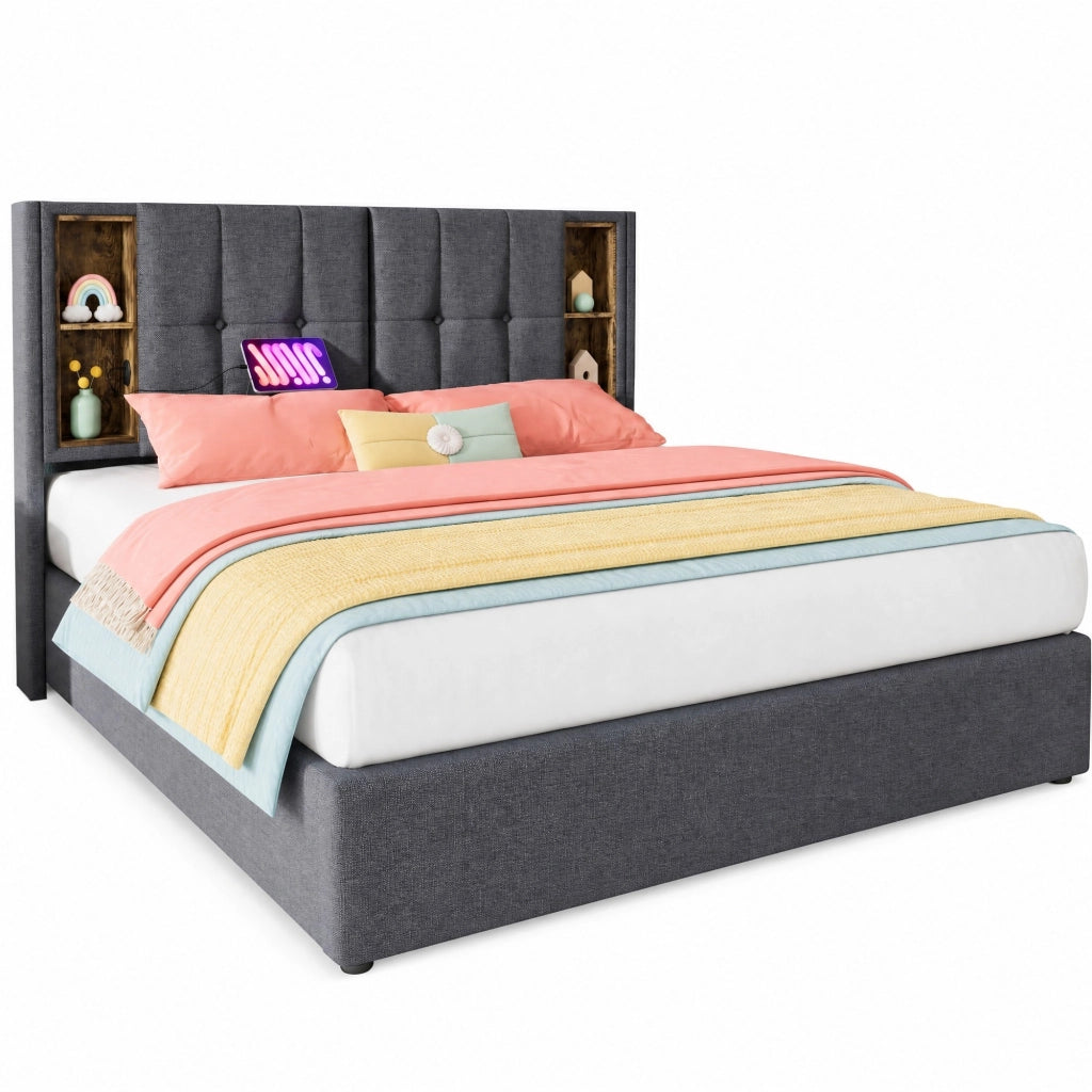 Letto matrimoniale imbottito 180x200 cm grigio con ricarica wireless; USB e contenitore