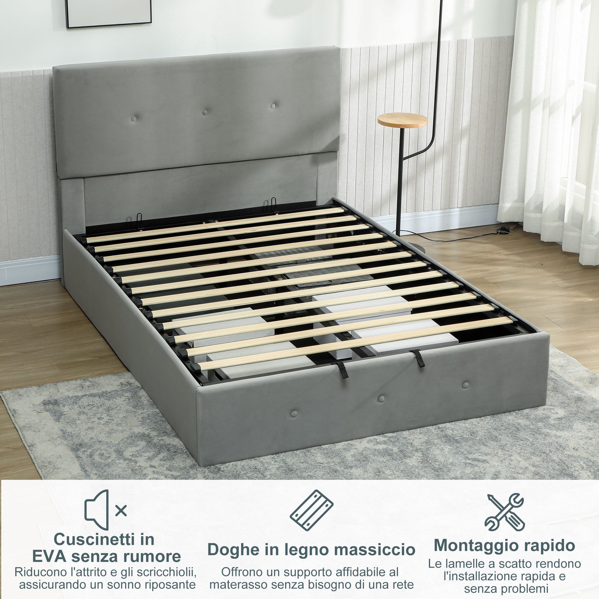 Letto a 1 Piazza e Mezza Contenitore 195x141x106 cm con Spazio a Scomparsa e Testiera Vellutata a Trapunta in Legno e