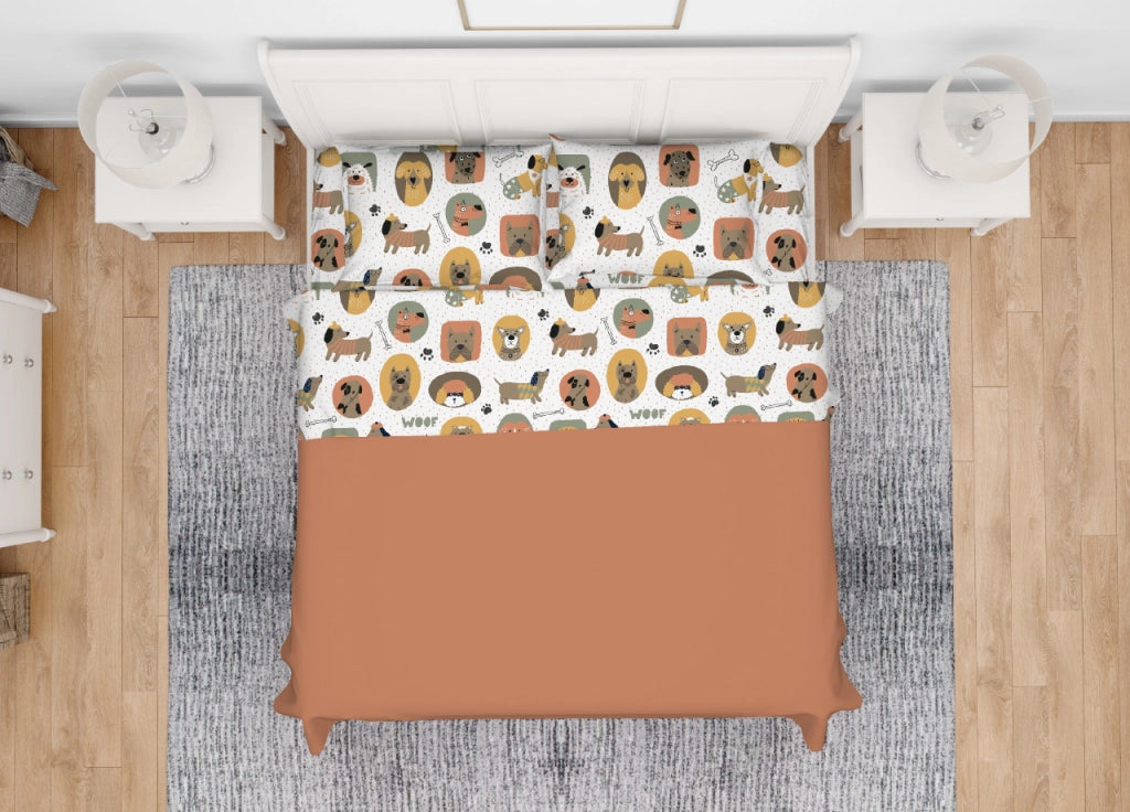 Completo Lenzuola Letto In 100% Cotone Made Italy Disegno Cani 25GI - Francese - Cani 25GI