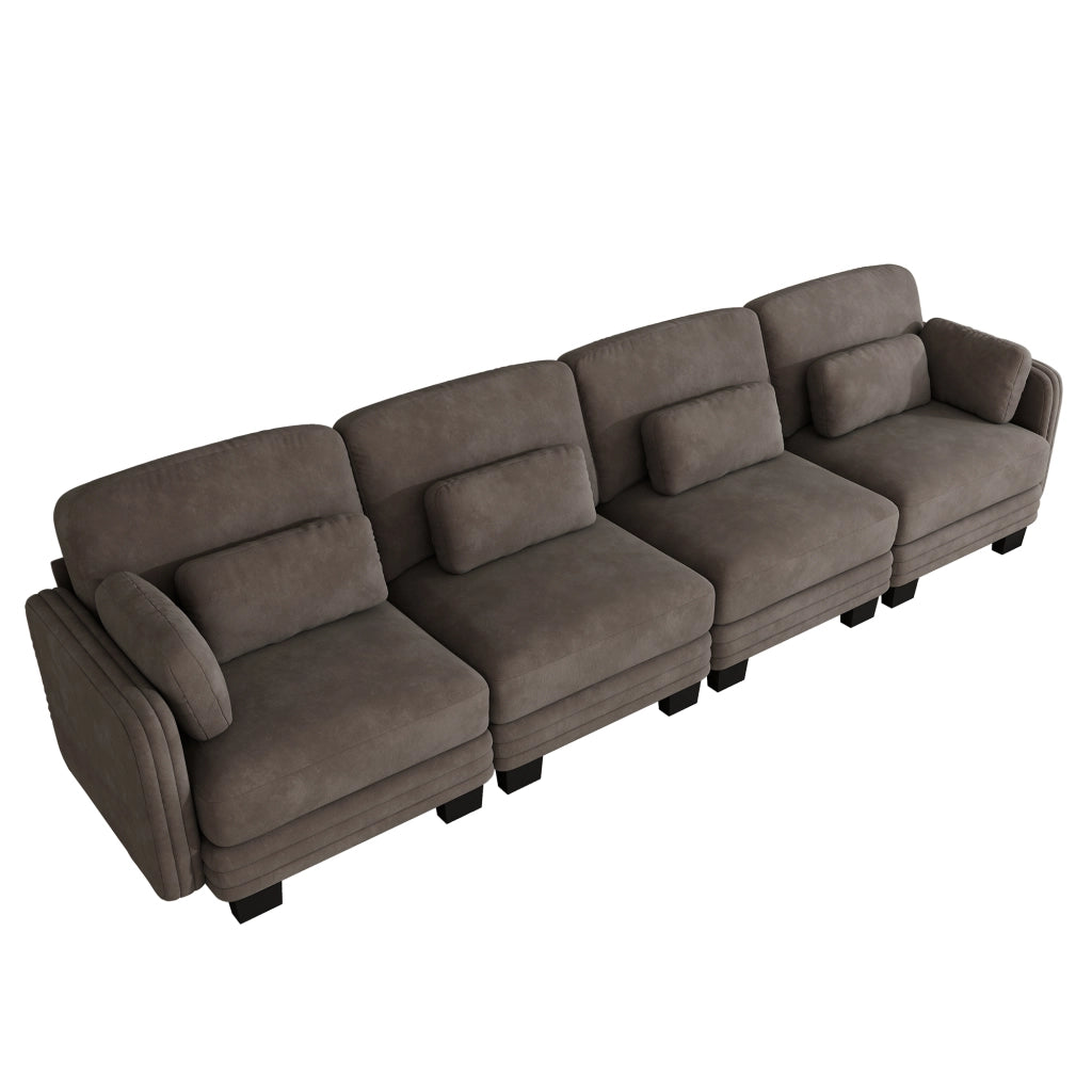 Divano modulare lineare 4 posti 330x88x88 cm con cuscini lombari e bracciolo in chenille marrone