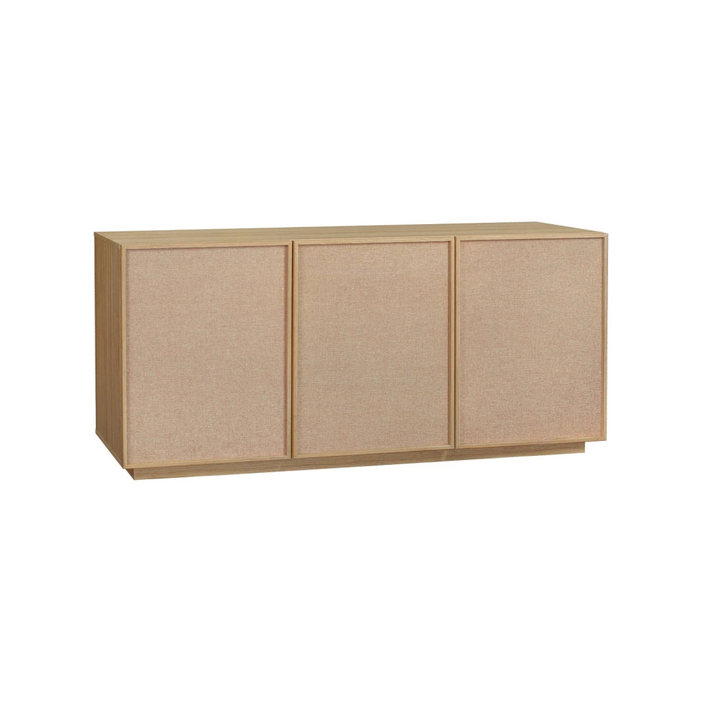 Credenza decorativa in legno e tessuto 3 ante 160 cm, marrone naturale