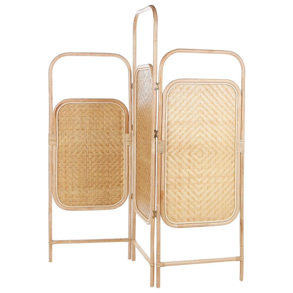 Divisorio per la stanza in rattan naturale e bambù a 3 pannelli pieghevoli con schermo decorativo.