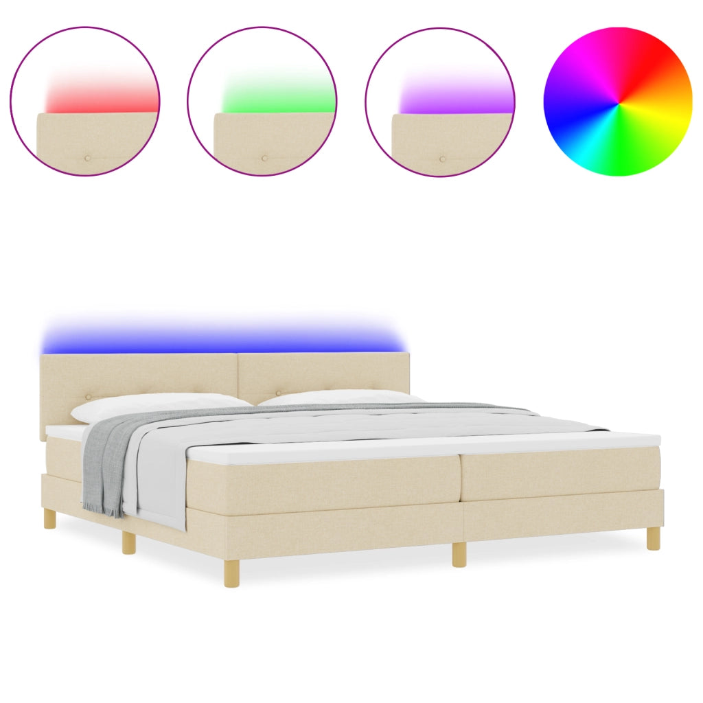 Letto con Box Spring e Materasso & LED Crema 200x200 cm in Tessuto
