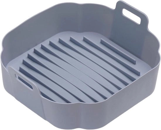 Lamina per air fryer grigia con maniglie doppie, piatto in silicone quadrato resistente al calore, lavabile in lavastoviglie, impermeabile e antiaderente per la cottura della carne di pollo, accessori da cucina.