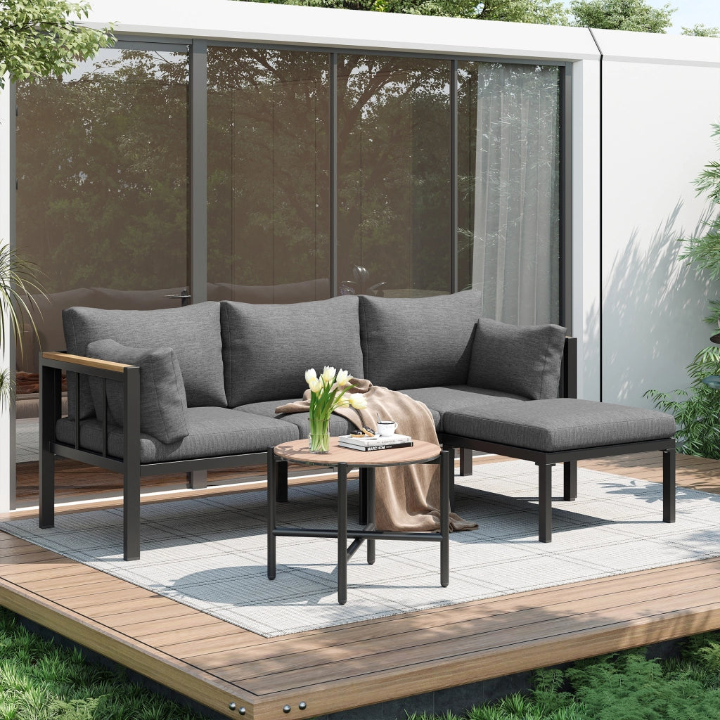 Set mobili giardino: Divanooo angolare + Divanooo + tavolino + poggiapiedi; acciaio zincato; vetro; grigio