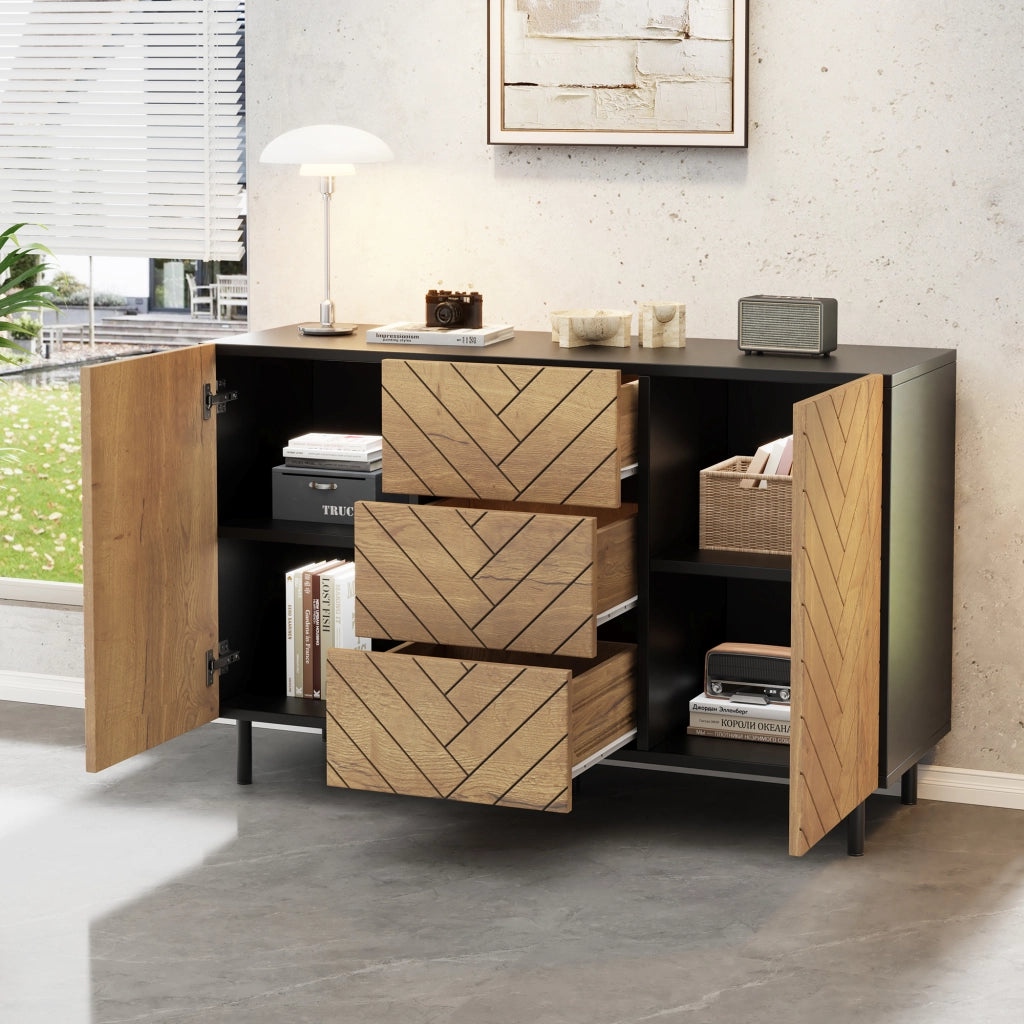 Credenza con 3 cassetti e 2 ante; per soggiorno; in truciolare; 120×40×76 cm; naturale