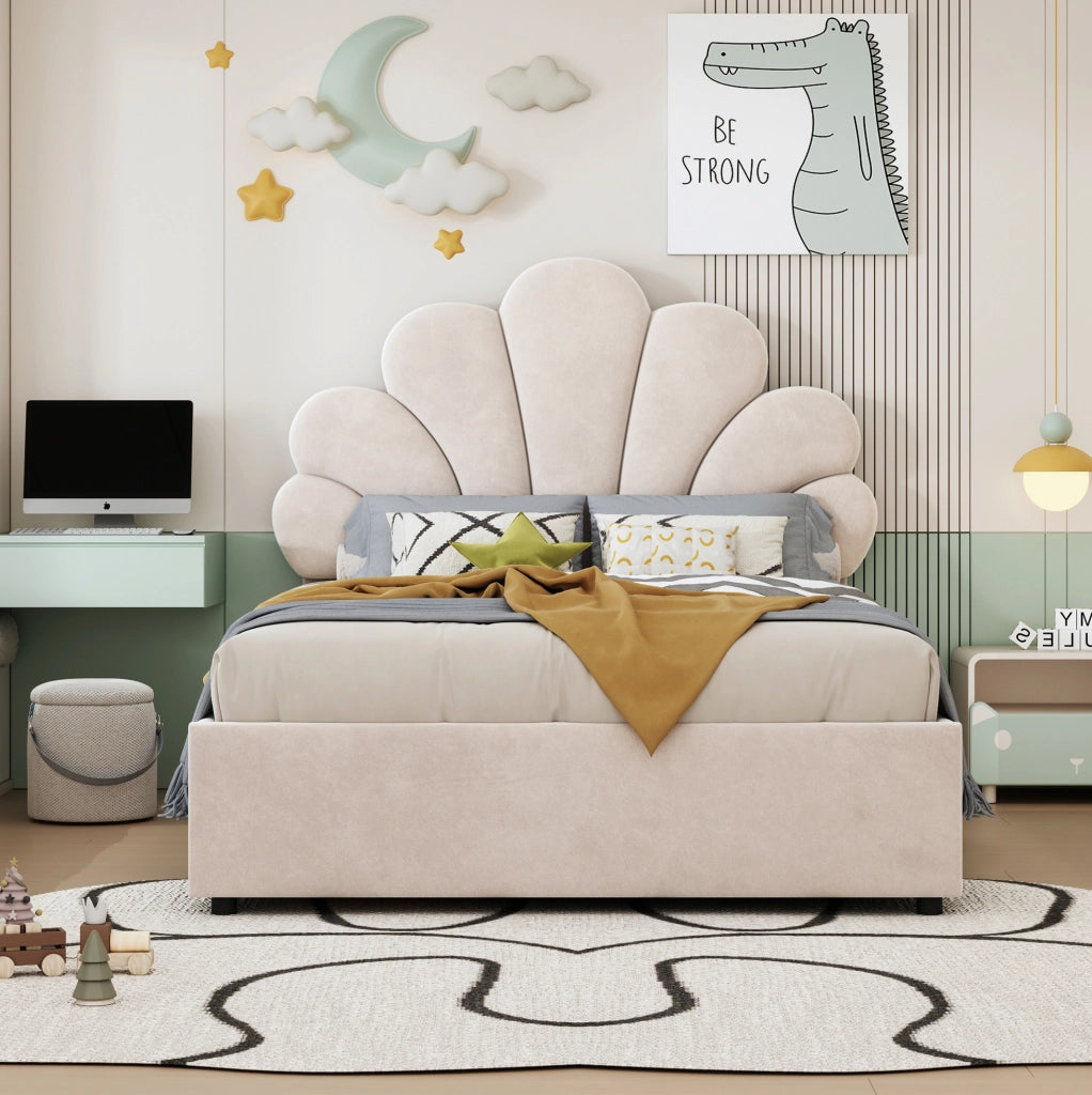 Letto imbottito 90 x 200 cm in velluto con contenitore idraulico; beige
