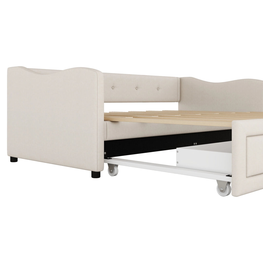OKWISH Letto a Scomparsa 90×200 cm, Letto Singolo con Letto Estraibile, 2 Cassetti e Spazio Contenitore, senza Materasso, Lino, Beige