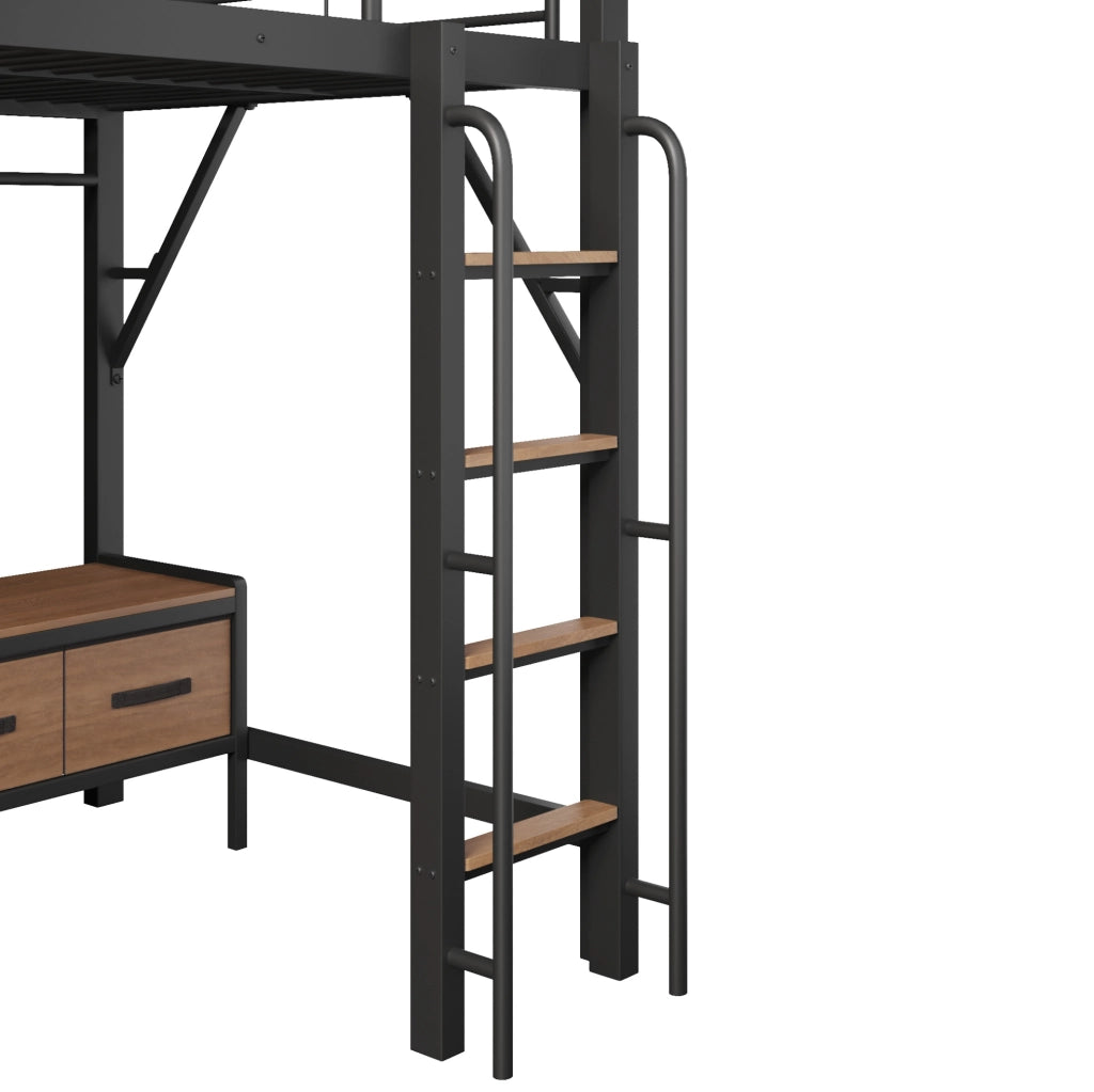 Letto a soppalco 140x200 cm con scrivania; ripiani; cassetti in tessuto; LED e USB; nero