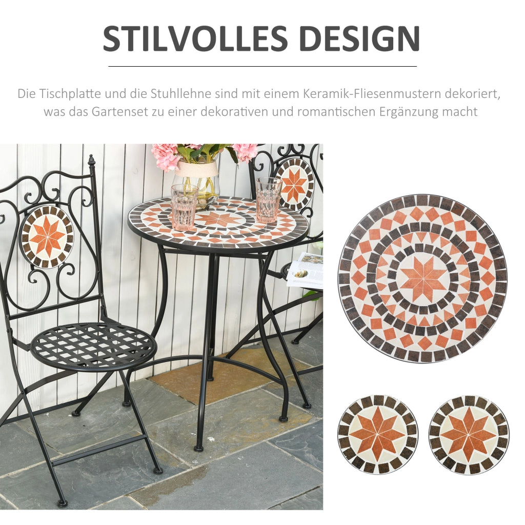 Set Giardino per 2 Persone con Tavolo Mosaico e 2 Sedie Pieghevoli in Metallo ¨C zephmum ¨C Multicolore