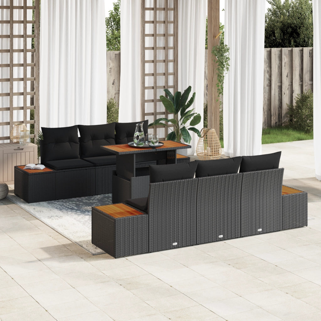Set Divano Giardino a 7 Pezzi con Cuscini Nero Polyrattan