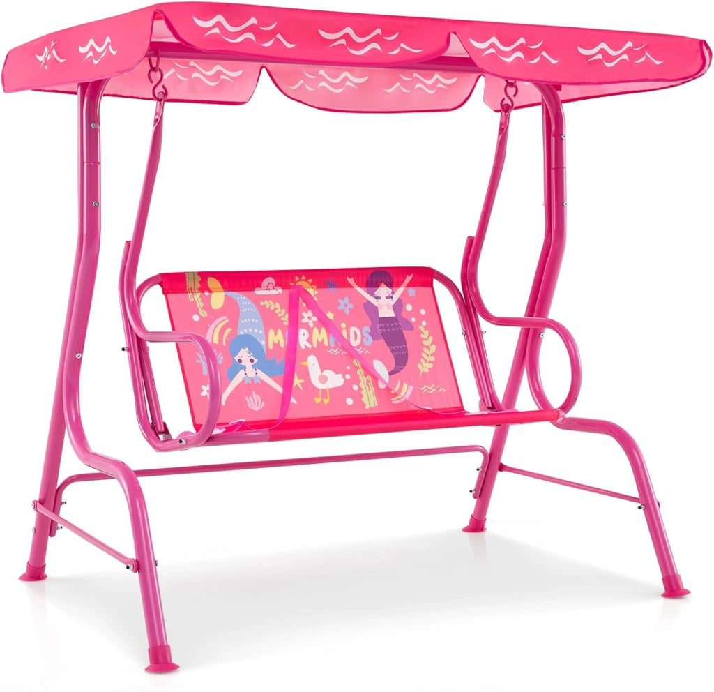 Altalena da Esterno per Bambini, Panchina a Dondolo a 2 Posti con Struttura in Metallo, Tetto Regolabile e Cinture di Sicurezza, per Bambini 3+Anni, Portata 80 kg (Rosa)