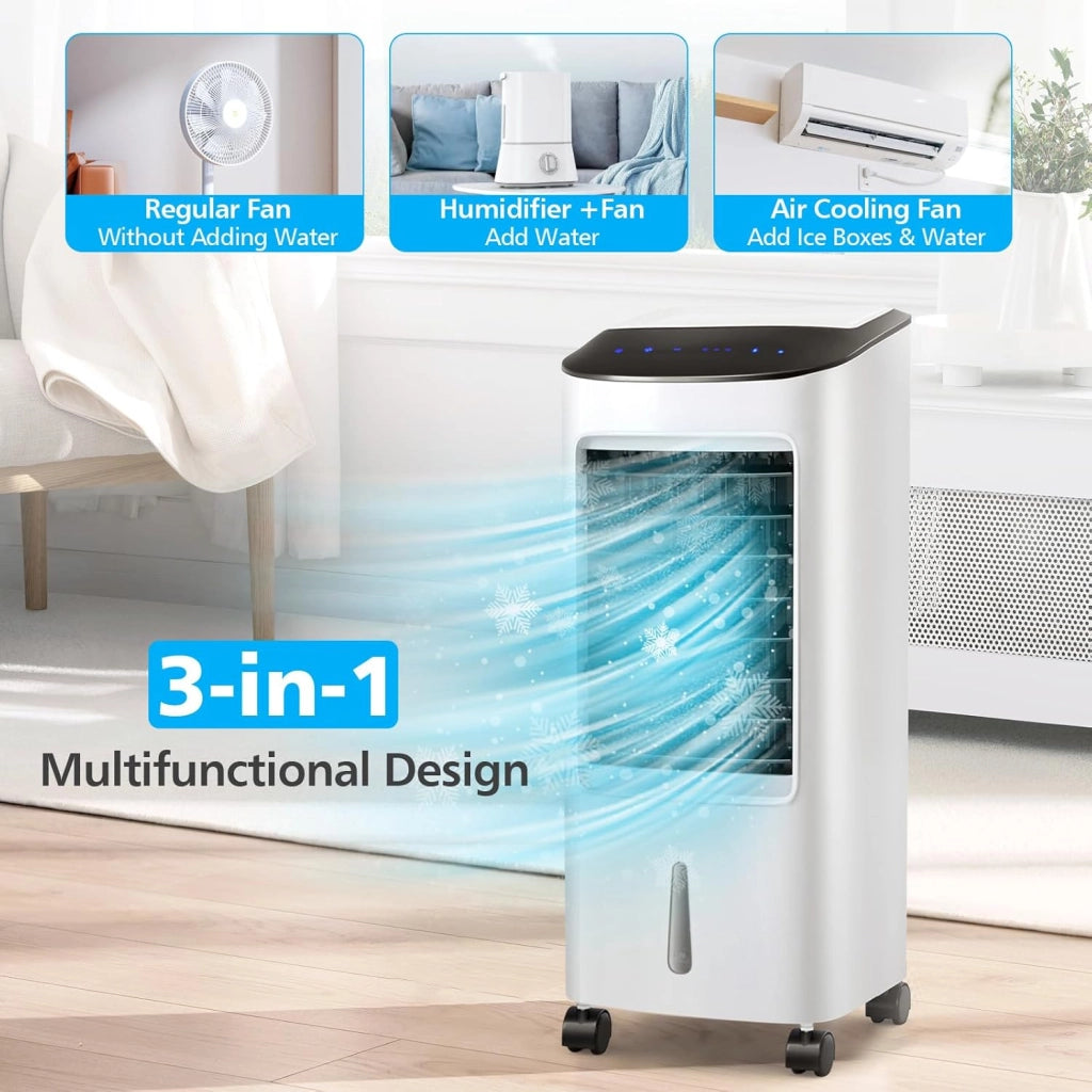 Raffreddatore d’Aria 65W, 3 in 1 Air Cooler, Umidificatore, Ventilatore, Ventilatore Condizionatore Portatile con Telecomando, 3 Velocità, Timer 7,5H, Serbatoio dell'Acqua da 7L