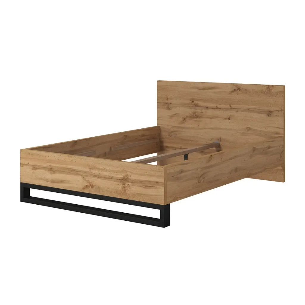 Set letto 180x200 e due comodini stile industriale - Collezione MILOS. Colore rovere grezzo e nero. Rete inclusa