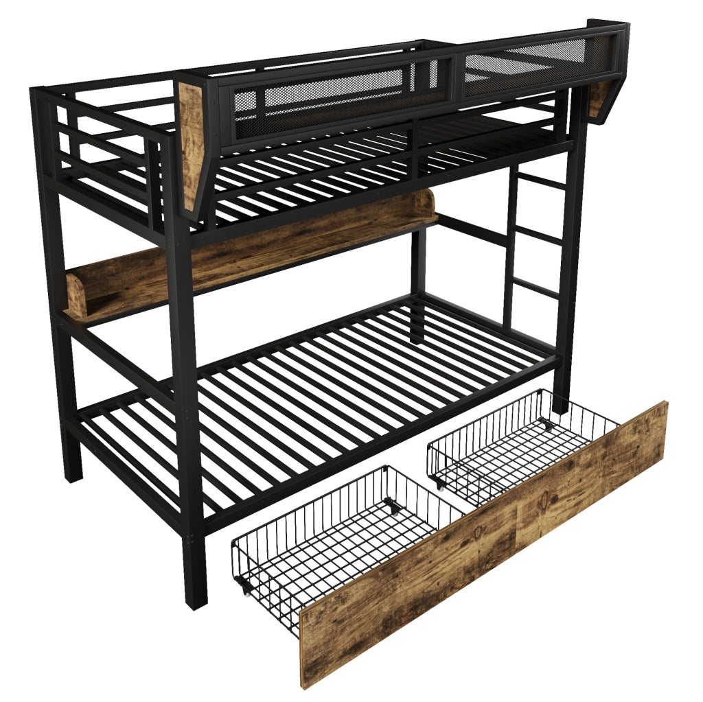 Letto a castello 204x113x176.5 cm con LED integrato; 2 cassetti e struttura in metallo; nero